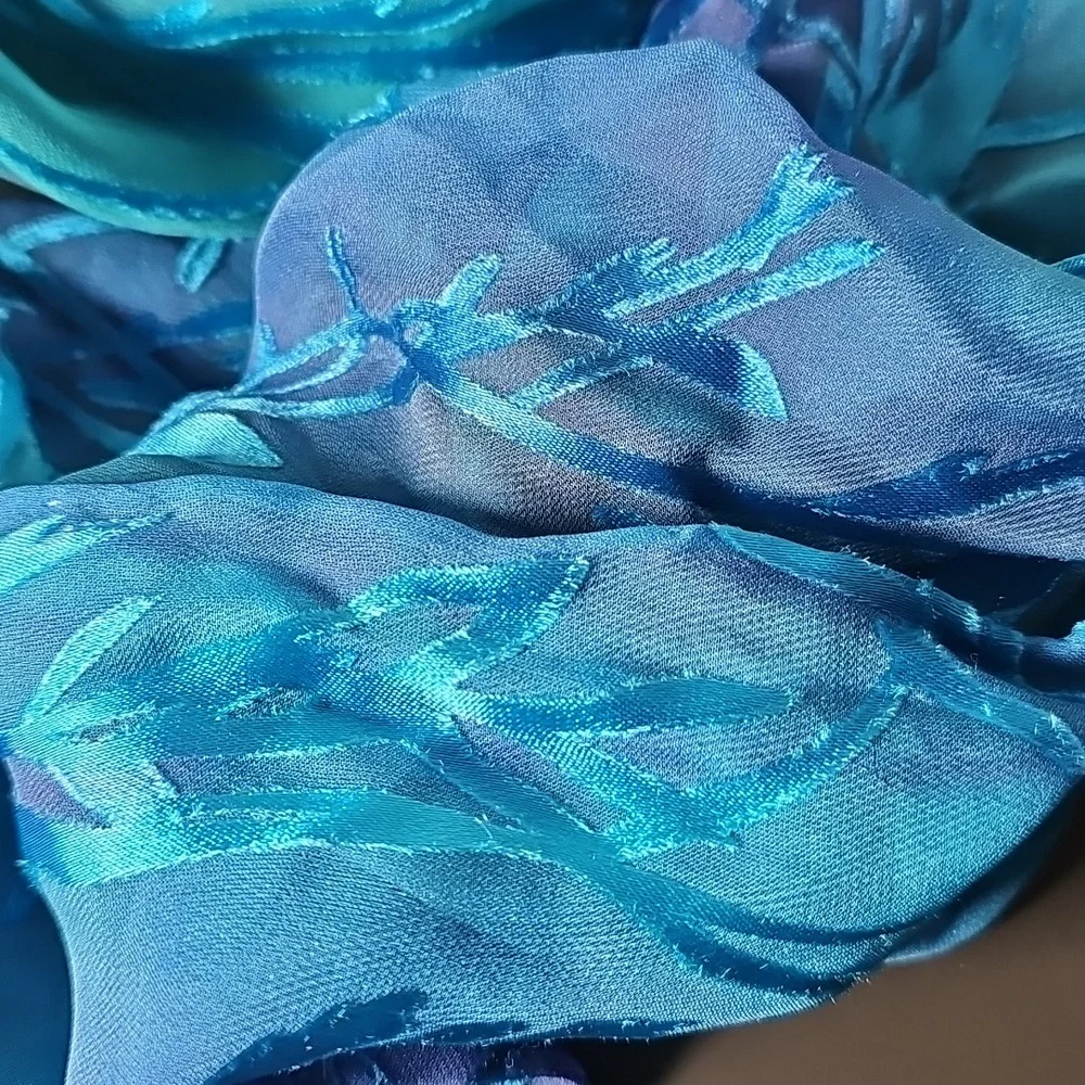 EUC Artisan Hand Painted Blue Teal Purple 100% Silk Scarf 68x14